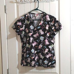 White Cross XS black nurse scrubs top shirt blouse black cats pattern